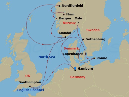 Route map: Hamburg → Southampton → Mandal → Bergen → Flam → Nordfjordeid → Copenhagen → Ronne → Goteborg → Oslo