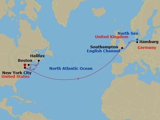 Route map: Hamburg, Germany → Southampton, England, UK → New York, NY, USA → Halifax, NS, Canada → Boston, MA, USA → New York, NY, USA