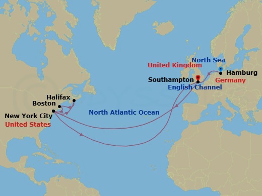 Route map: Hamburg, Germany → Southampton, England, UK → New York, NY, USA → Halifax, NS, Canada → Boston, MA, USA → New York, NY, USA → Southampton, England, UK