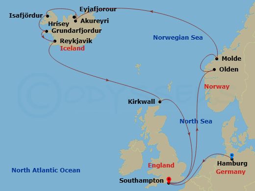 Route map: Hamburg, Germany → Southampton, England, UK → Olden, Norway → Molde, Norway → Akureyri, Iceland → Hrisey, Iceland (Sail By) → Isafjordur, Iceland → Grundarfjordur, Iceland → Reykjavik, Iceland → Kirkwall, Orkney, Scotland, UK