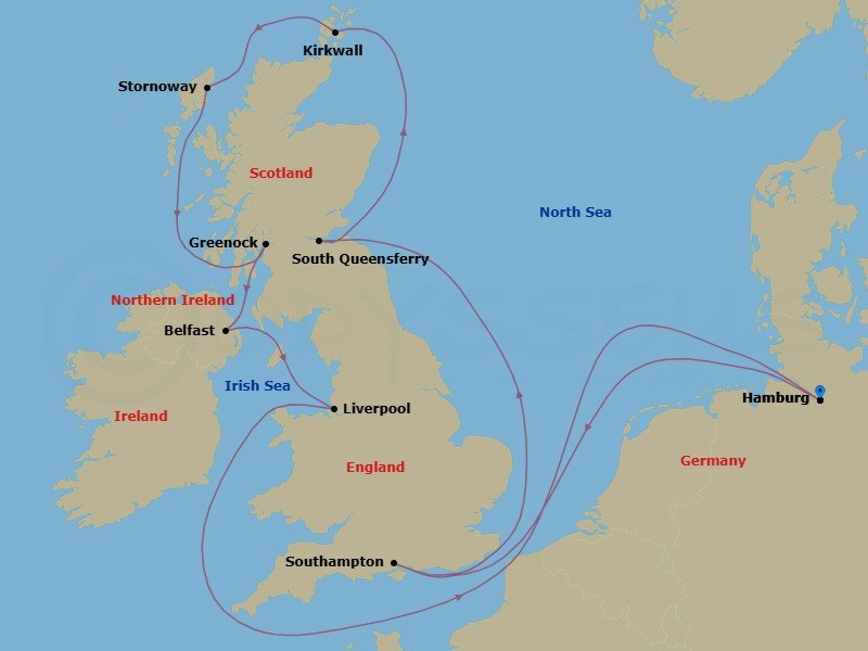 Route map: Hamburg Germany → Southampton (London) United Kingdom → South Queensferry (Edinburgh) United Kingdom → Kirkwall (Orkney Is) United Kingdom → Stornoway United Kingdom → Greenock (Glasgow) United Kingdom → Belfast United Kingdom → Liverpool United Kingdom → Hamburg Germany