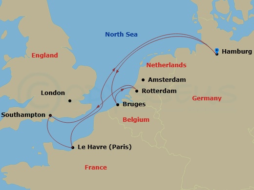 Route map: Hamburg Germany → Zeebrugge (Bruges) Belgium → Rotterdam (Amsterdam) Netherlands → Southampton (London) United Kingdom → Le Havre (Paris) France → Hamburg Germany