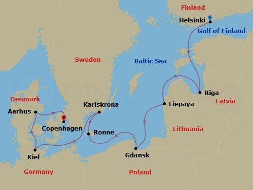 Route map: Helsinki → Riga → Liepaja → Gdansk (Gdynia) → Ronne → Karlskrona → Kiel → Aarhus → Copenhagen