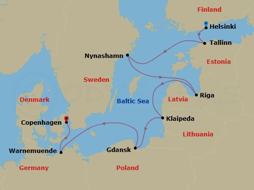 Route map: Helsinki, Finland → Tallinn, Estonia → Nynashamn  Stockholm, Sweden → Riga, Latvia → Klaipeda, Lithuania → Gdynia  Gdansk, Poland → Warnemunde  Berlin, Germany → Copenhagen, Denmark