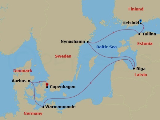 Route map: Helsinki, Finland → Tallinn, Estonia → Nynashamn  Stockholm, Sweden → Riga, Latvia → Warnemunde  Berlin, Germany → Aarhus, Denmark → Copenhagen, Denmark