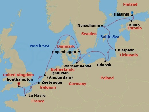 Route map: Helsinki, Finland → Tallinn, Estonia → Nynashamn  Stockholm, Sweden → Klaipeda, Lithuania → Gdynia  Gdansk, Poland → Warnemunde  Berlin, Germany → Copenhagen, Denmark → Amsterdam  Ijmuiden, Netherlands → Zeebrugge  Brussels Brugge, Belgium → Le Havre  Paris, France