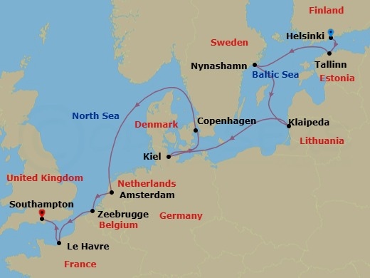 Route map: Helsinki, Finland → Tallinn, Estonia → Nynashamn  Stockholm, Sweden → Klaipeda, Lithuania → Hamburg (Kiel), Germany → Copenhagen, Denmark → Amsterdam, Netherlands → Zeebrugge  Brussels Brugge, Belgium → Le Havre  Paris, France → London (Southampton), England, Great Britain