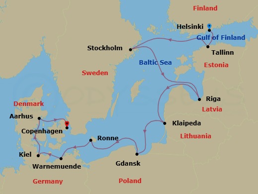 Route map: Helsinki → Tallinn → Stockholm → Riga → Klaipeda → Gdansk (Gdynia) → Ronne (Bornholm) → Berlin (Warnemunde) → Kiel → Aarhus