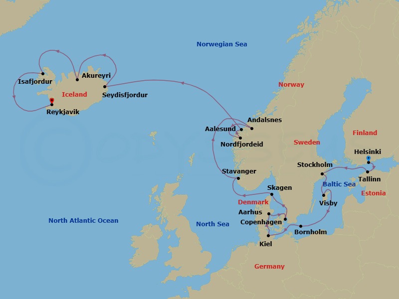 Route map: Helsinki, Finland → Tallinn, Estonia → Stockholm, Sweden → Visby, Sweden → Bornholm, Denmark → Kiel (Hamburg), Germany → Aarhus, Denmark → Copenhagen, Denmark → Skagen, Denmark → Stavanger, Norway