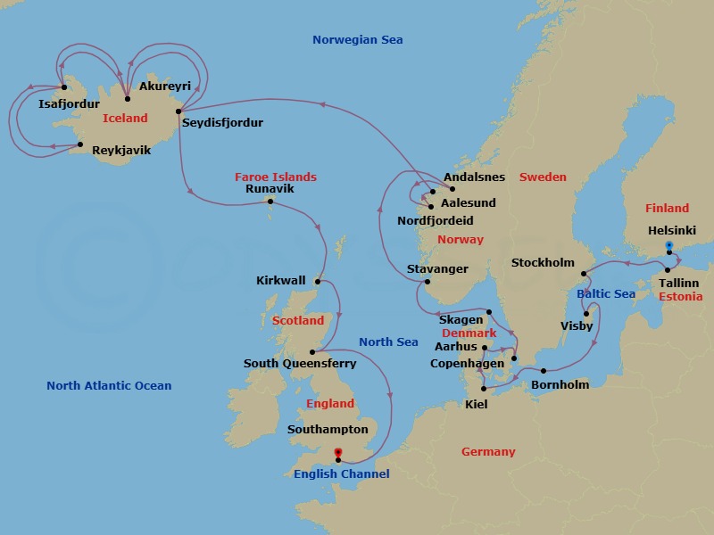 Route map: Helsinki, Finland → Tallinn, Estonia → Stockholm, Sweden → Visby, Sweden → Bornholm, Denmark → Kiel (Hamburg), Germany → Aarhus, Denmark → Copenhagen, Denmark → Skagen, Denmark → Stavanger, Norway