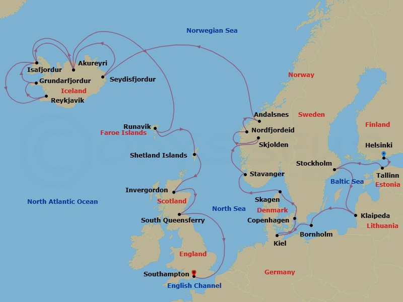 Route map: Helsinki, Finland → Tallinn, Estonia → Stockholm, Sweden → Klaipeda, Lithuania → Bornholm, Denmark → Kiel (Hamburg), Germany → Copenhagen, Denmark → Skagen, Denmark → Stavanger, Norway → Skjolden/Sognefjord, Norway