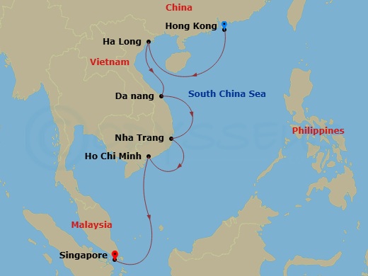 Route map: Hong Kong → Ha Long → Da Nang → Nha Trang → Phu My → Singapore