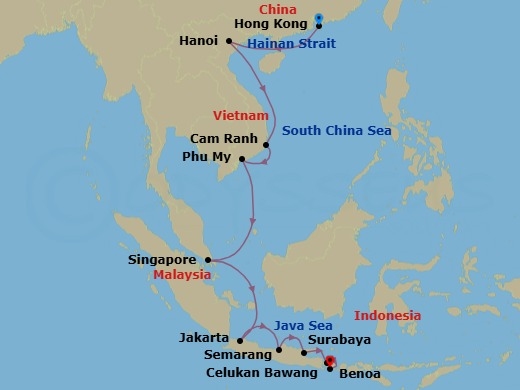 Route map: Hong Kong → Hanoi (Ha Long Bay) → Cam Ranh → Phu My (Ho Chi Minh City) → Singapore → Jakarta → Semarang (Java) → Surabaya → Celukan Bawang (Bali) → Bali (Benoa)