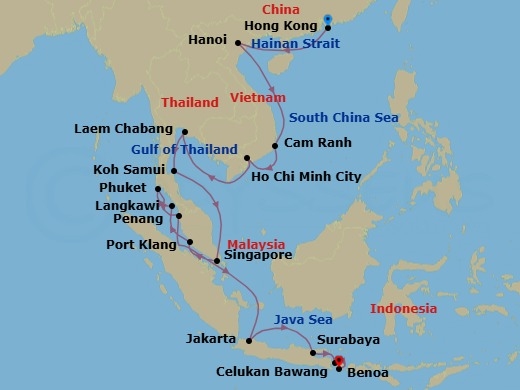 Route map: Hong Kong → Hanoi (Ha Long Bay) → Cam Ranh → Ho Chi Minh City (Saigon) → Bangkok (Laem Chabang) → Ko Samui → Singapore → Kuala Lumpur (Port Klang) → Langkawi → Phuket