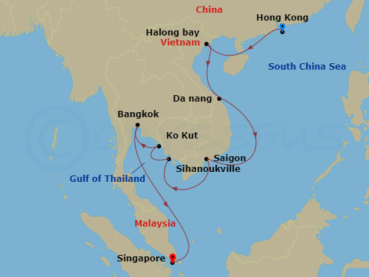 Route map: Hong Kong, China → Halong Bay, Vietnam → Da Nang (Hue), Vietnam → Ho Chi Minh City (Saigon), Vietnam → Sihanoukville, Cambodia → Ko Kood, Thailand → Laem Chabang (Bangkok), Thailand → Singapore