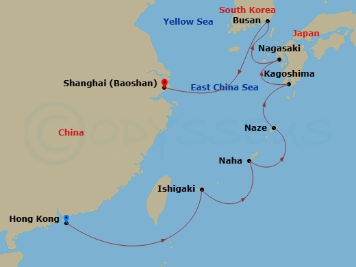 Route map: Hong Kong → Ishigaki Island → Naha Port_Name,Okinawa → Naze (Amami Islands) → Kagoshima → Nagasaki → Busan (Pusan) → Shanghai