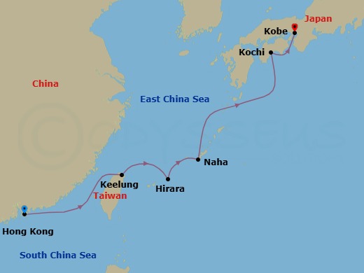Route map: Hong Kong → Taipei (Keelung) → Hirara, Miyako Island → Naha, Okinawa → Kochi → Kobe