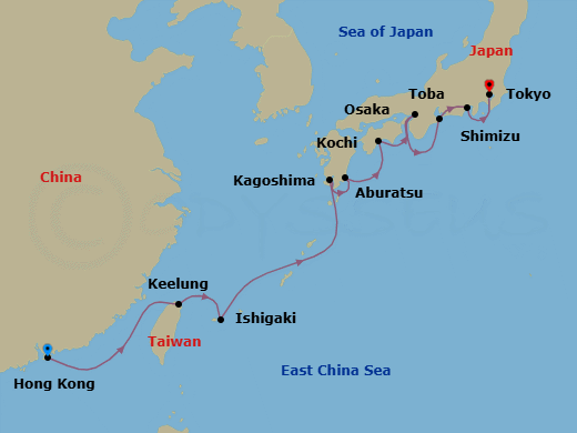 Route map: Hong Kong, China → Keelung (Taipei), Taiwan → Ishigaki Island, Japan → Kagoshima, Japan → Aburatsu, Japan → Kochi, Japan → Osaka, Japan → Toba, Japan → Shimizu, Japan → Tokyo, Japan