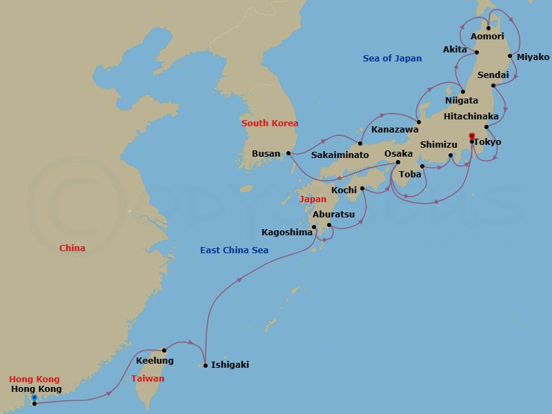 Route map: Hong Kong, China → Keelung (Taipei), Taiwan → Ishigaki Island, Japan → Kagoshima, Japan → Aburatsu, Japan → Kochi, Japan → Osaka, Japan → Toba, Japan → Shimizu, Japan → Tokyo, Japan