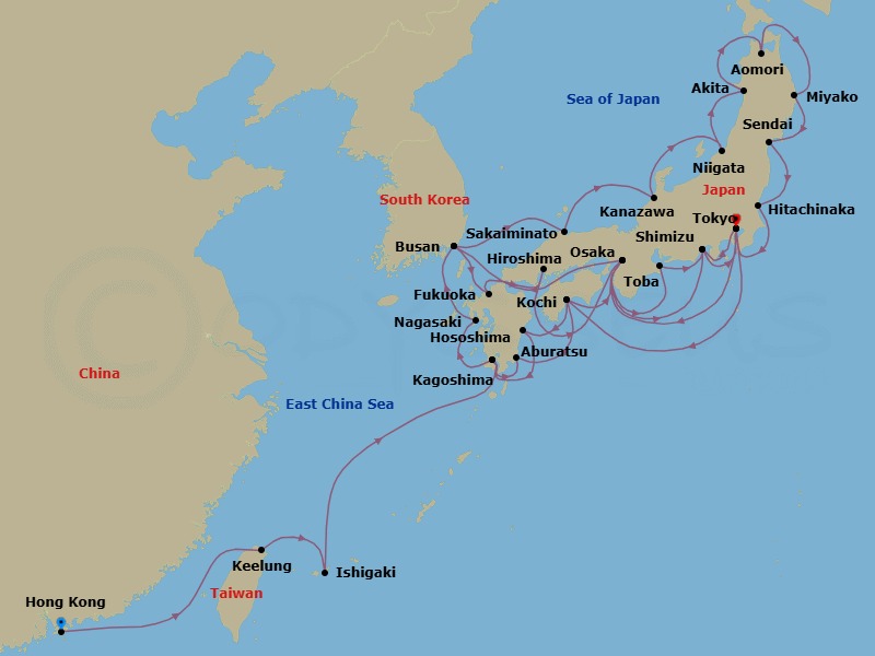 Route map: Hong Kong, China → Keelung (Taipei), Taiwan → Ishigaki Island, Japan → Kagoshima, Japan → Aburatsu, Japan → Kochi, Japan → Osaka, Japan → Toba, Japan → Shimizu, Japan → Tokyo, Japan