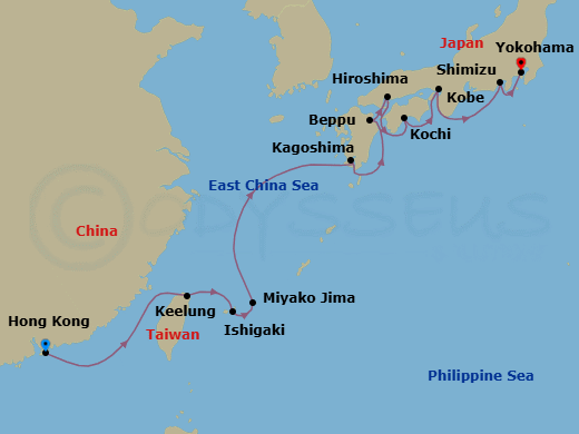Route map: Hong Kong → Taipei (Keelung) → Ishigaki → Miyakojima (Hirara) → Kagoshima → Beppu → Hiroshima → Kochi → Kyoto (Kobe) → Shimizu