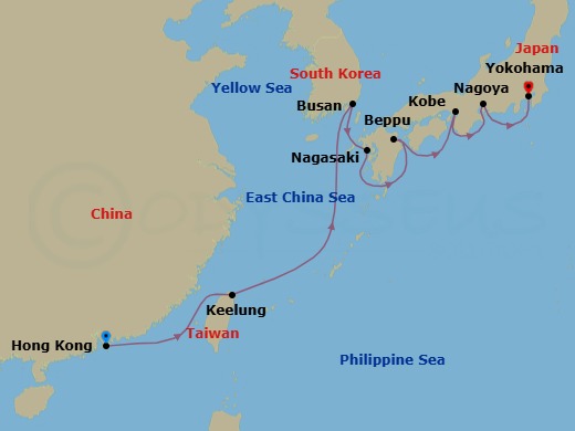 Route map: Hong Kong → Taipei (Keelung) → Busan → Nagasaki → Beppu → Kyoto (Kobe) → Nagoya → Tokyo (Yokohama)