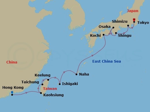 Route map: Hong Kong, China → Kaohsiung, Taiwan → Taichung, Taiwan → Keelung (Taipei), Taiwan → Ishigaki Island, Japan → Naha, Japan → Kochi, Japan → Osaka, Japan → Shingu, Japan → Shimizu, Japan