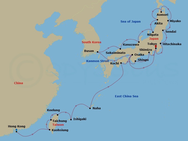 Route map: Hong Kong, China → Kaohsiung, Taiwan → Taichung, Taiwan → Keelung (Taipei), Taiwan → Ishigaki Island, Japan → Naha, Japan → Kochi, Japan → Osaka, Japan → Shingu, Japan → Shimizu, Japan