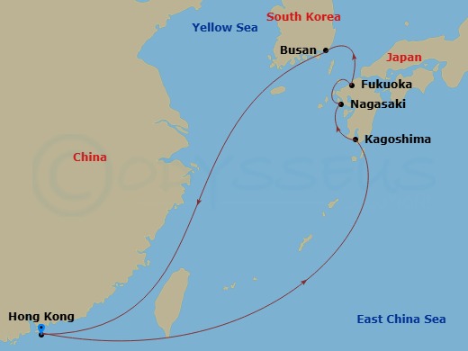 Route map: Hong Kong, China → Kagoshima, Japan → Nagasaki, Japan → Fukuoka, Japan → Busan, South Korea → Hong Kong, China