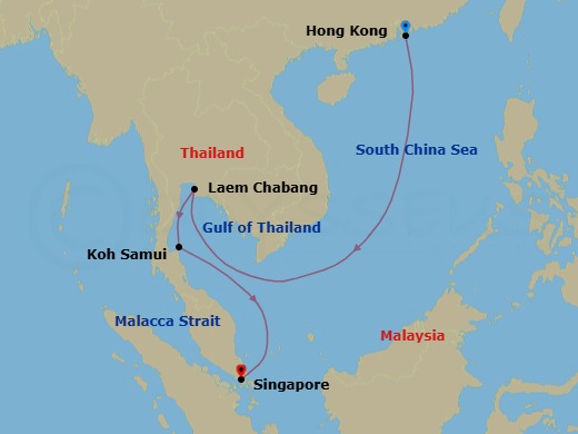 Route map: Hong Kong, China → Laem Chabang (tours to Bangkok), Thailand → Ko Samui, Thailand → Singapore