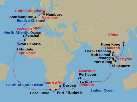 Route map: Hong Kong, China → Laem Chabang (tours to Bangkok), Thailand → Ko Samui, Thailand → Singapore → Port Klang, MY → Penang, Malaysia → Port Louis, Mauritius → Le Port, Reunion → Durban, South Africa → Gqeberha (Port Elizabeth),    South Africa