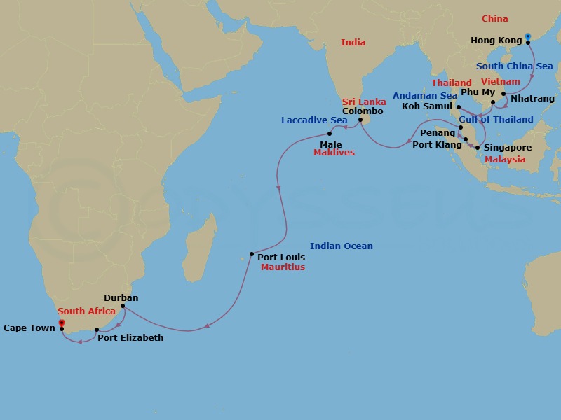 Route map: HONGKONG → Nha Trang → Phu My (Ho Chi Minh City) → Koh Samui → Singapore → Port Kelang (Kuala Lumpur) → Penang → COLOMBO → Male → Port Louis