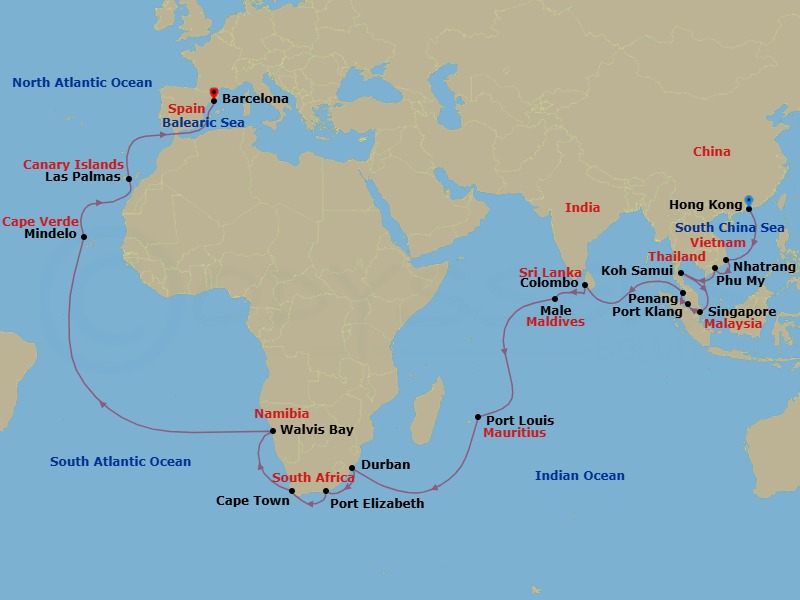 Route map: HONGKONG → Nha Trang → Phu My (Ho Chi Minh City) → Koh Samui → Singapore → Port Kelang (Kuala Lumpur) → Penang → COLOMBO → Male → Port Louis