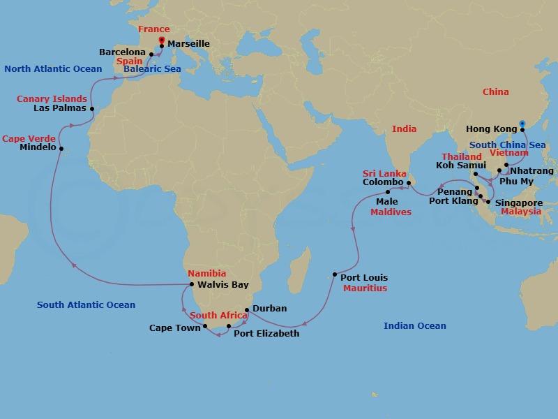 Route map: HONGKONG → Nha Trang → Phu My (Ho Chi Minh City) → Koh Samui → Singapore → Port Kelang (Kuala Lumpur) → Penang → COLOMBO → Male → Port Louis