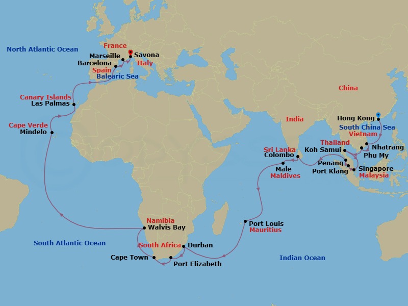 Route map: HONGKONG → Nha Trang → Phu My (Ho Chi Minh City) → Koh Samui → Singapore → Port Kelang (Kuala Lumpur) → Penang → COLOMBO → Male → Port Louis