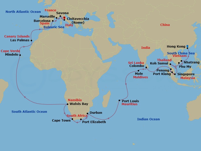 Route map: HONGKONG → Nha Trang → Phu My (Ho Chi Minh City) → Koh Samui → Singapore → Port Kelang (Kuala Lumpur) → Penang → COLOMBO → Male → Port Louis
