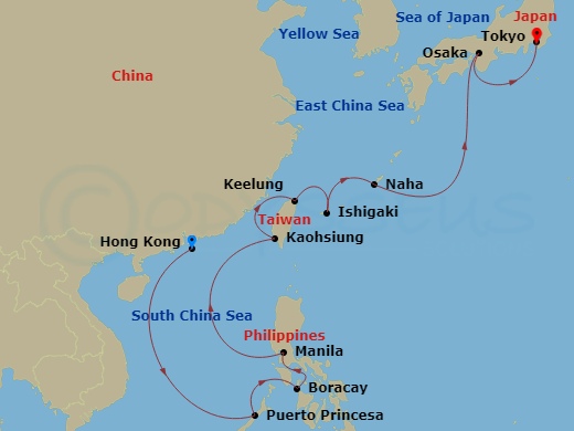 Route map: Hong Kong → Puerto Princesa → Boracay → Manila → Kaohsiung → Keelung → Ishigaki → Naha → Osaka → Tokyo