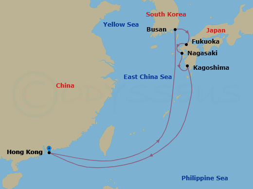 Route map: Hong Kong, China → Busan, South Korea → Fukuoka, Japan → Nagasaki, Japan → Kagoshima, Japan → Hong Kong, China