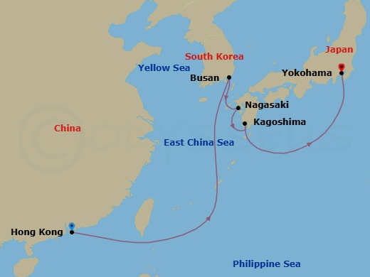 Route map: Hong Kong, China → Busan, South Korea → Nagasaki, Japan → Kagoshima, Japan → Yokohama (tours to Tokyo), Japan