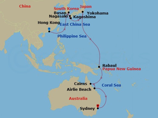 Route map: Hong Kong, China → Busan, South Korea → Nagasaki, Japan → Kagoshima, Japan → Yokohama (tours to Tokyo), Japan → Rabaul, Papua New Guinea → Cairns, QLD, Australia → Airlie Beach, QLD, Australia → Sydney, NSW, Australia