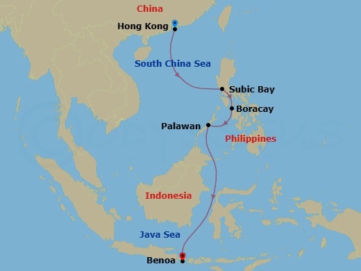 Route map: HONGKONG → Subic Bay → Boracay → Puerto Princesa (Palawan) → Benoa (Bali)