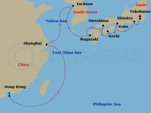 Route map: Hong Kong → Shanghai → Incheon → Nagasaki → Hiroshima → Kochi → Kobe → Shimizu → Yokohama