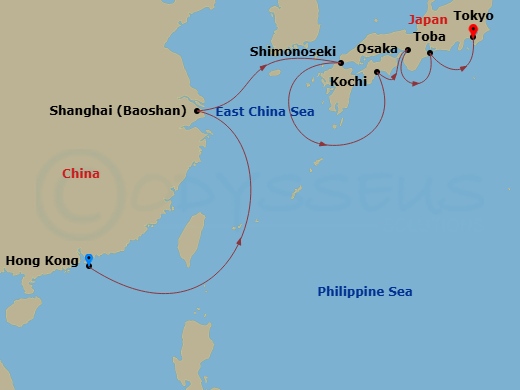 Route map: Hong Kong → Shanghai → Shimonoseki → Kochi → Osaka → Toba → Tokyo