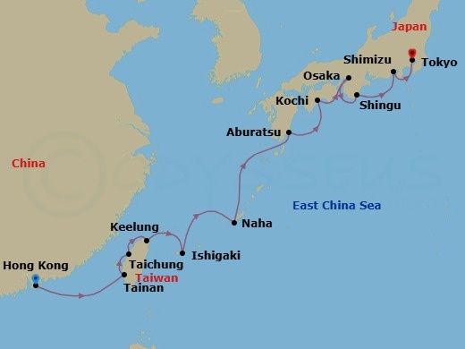 Route map: Hong Kong, China → Tainan (Anping), Taiwan → Taichung, Taiwan → Keelung (Taipei), Taiwan → Ishigaki Island, Japan → Naha, Japan → Aburatsu, Japan → Kochi, Japan → Osaka, Japan → Shingu, Japan
