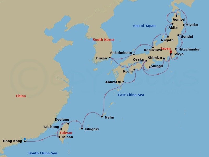 Route map: Hong Kong, China → Tainan (Anping), Taiwan → Taichung, Taiwan → Keelung (Taipei), Taiwan → Ishigaki Island, Japan → Naha, Japan → Aburatsu, Japan → Kochi, Japan → Osaka, Japan → Shingu, Japan