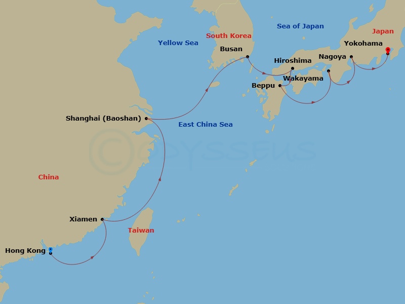 Route map: Hong Kong → Xiamen → Shanghai → Busan → Hiroshima → Beppu (Kyushu Island) → Wakayama → Nagoya → Yokohama (Tokyo)