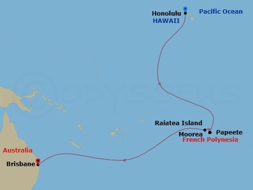 Route map: Honolulu, Oahu, Hawaii → Moorea, French Polynesia → Papeete,Tahiti,Fr.Polynesia → Raiatea, French Polynesia → International Dateline → Brisbane, Australia