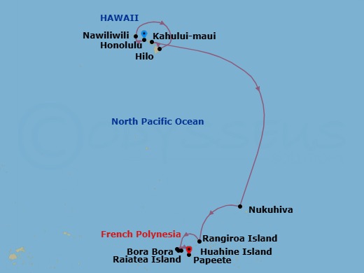 Route map: Honolulu → Nawiliwili → Hilo → Kahului → Nuku Hiva → Rangiroa → Raiatea → Huahine → Bora Bora → Papeete (Tahiti)