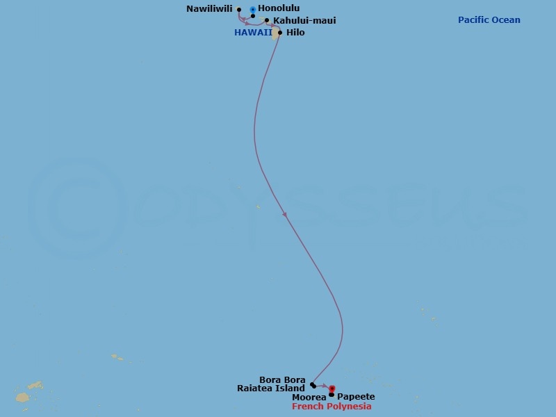 Route map: Honolulu, Hi → Nawiliwili  Kauai, Hi → Kahului  Maui, Hi → Hilo, Hi → Bora Bora, French Polynesia → Raiatea, French Polynesia → Moorea, French Polynesia → Papeete, French Polynesia