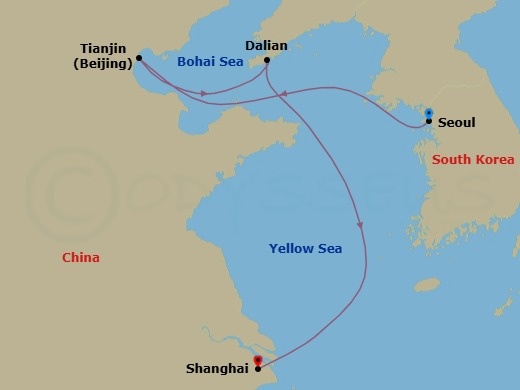 Route map: Seoul (Incheon) → Beijing (Tianjin) → Dalian → Shanghai